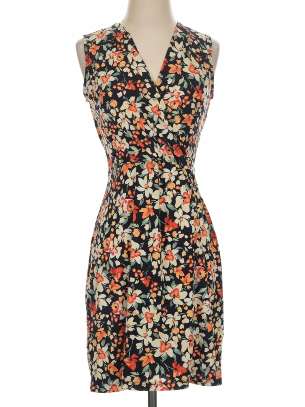 Kaleigh Sleeveless Floral Wrap Dress in Black with Orange and Cream Blooms